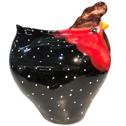 Poule céramique rouge et noire à pois